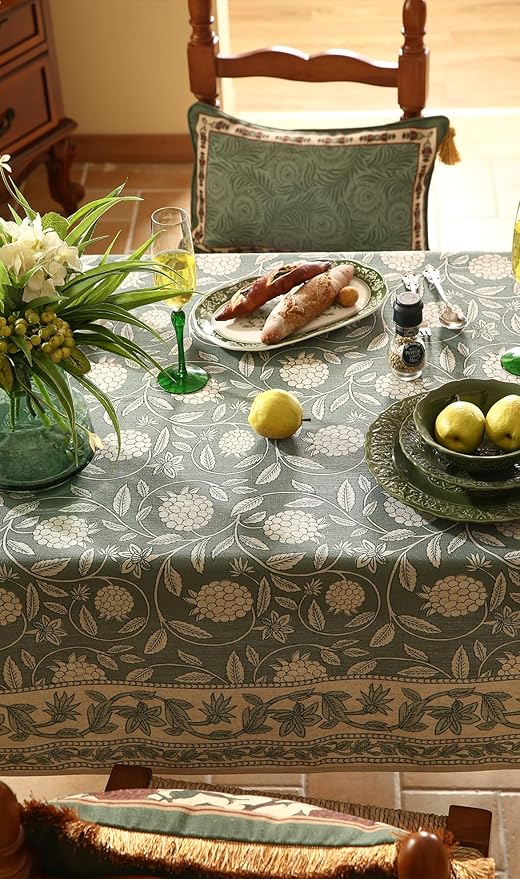 Tablecloth 55 x 71 Inch Rectangular, Grayish Green Linen-Blend Floral