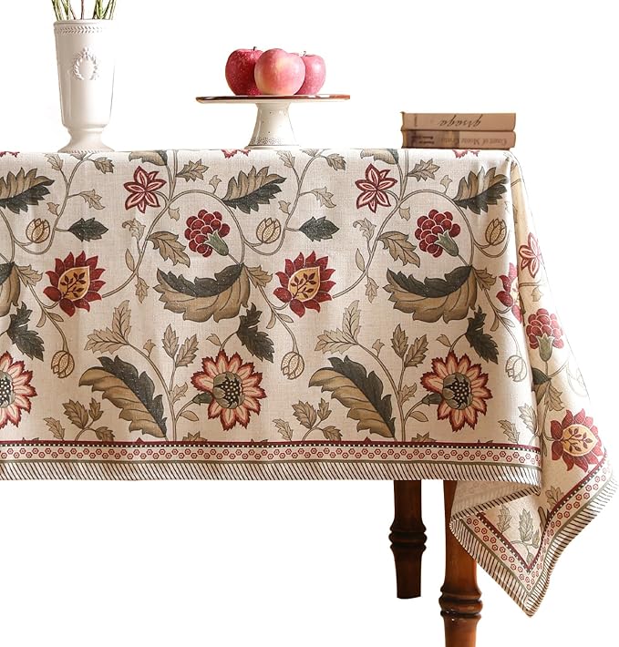 Tablecloth, 67 x 67 Inch Square Floral Linen-Polyester Blend