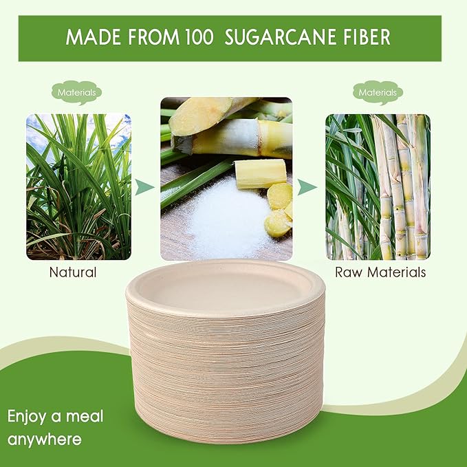 Disposable Paper Plates, 500 Count, Sugarcane Bagasse, Heavy-Duty