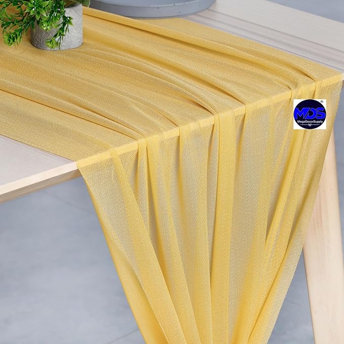 MDS 20 Pack 10ft Chiffon Table Runner 29 x 120 Inches Sheer Wedding Runner Romantic Rustic Table Runner for Wedding Decorations, Birthday Parties, Bridal Shower Party Arch Decor - Gold