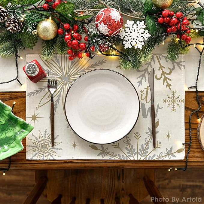 Artoid Mode Beige Snowflake Let It Snow Winter Placemats Set of 6, 12x18 Inch Seasonal Christmas Table Mats for Party Kitchen Dining Decoration