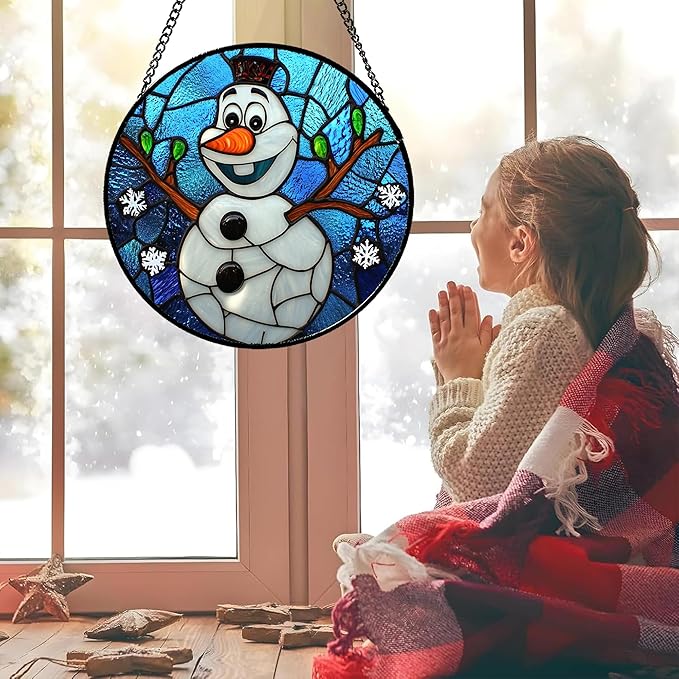 Stained Glass Window Hanging Christmas Funny Snowman 9.8" - Suncatcher Door Garden Blue White Snowflakes Sun Catcher New Year Birthday for Friend Mom Men Woman Nana