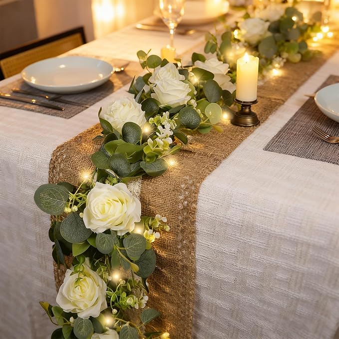 2 Pack 5.9 FT Artificial Flower Garland with Lights, Fake Floral Garland with 12 White Roses, White Flower Decorations for Arch Table Centerpieces Backdrop Party Home Wedding Decorations