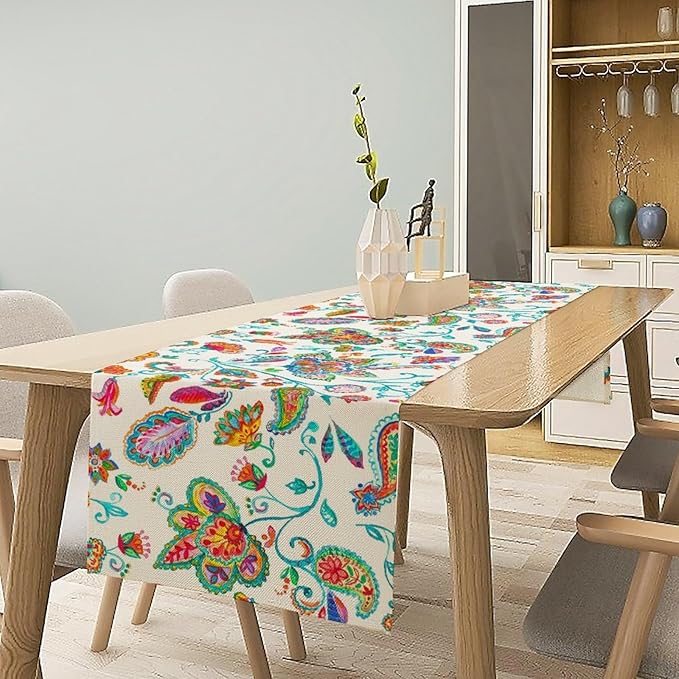 Paisley Table Runner, Watercolor Floral Oriental Indian Traditional Tulips Leaves Bohemian Paisley Print Table Runner for Kitchen Dining Tables Party Decor, 13x108inch