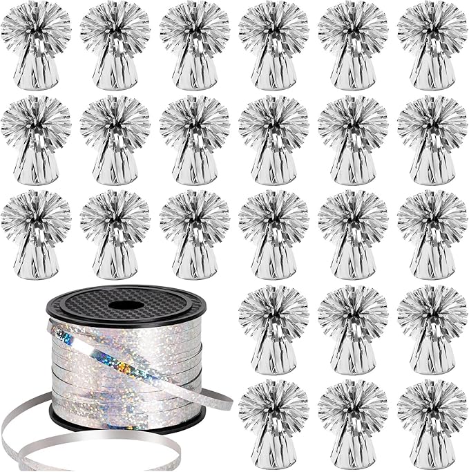 Balloon Weights Silver Foil Anchors, 24 Pack with Ribbon