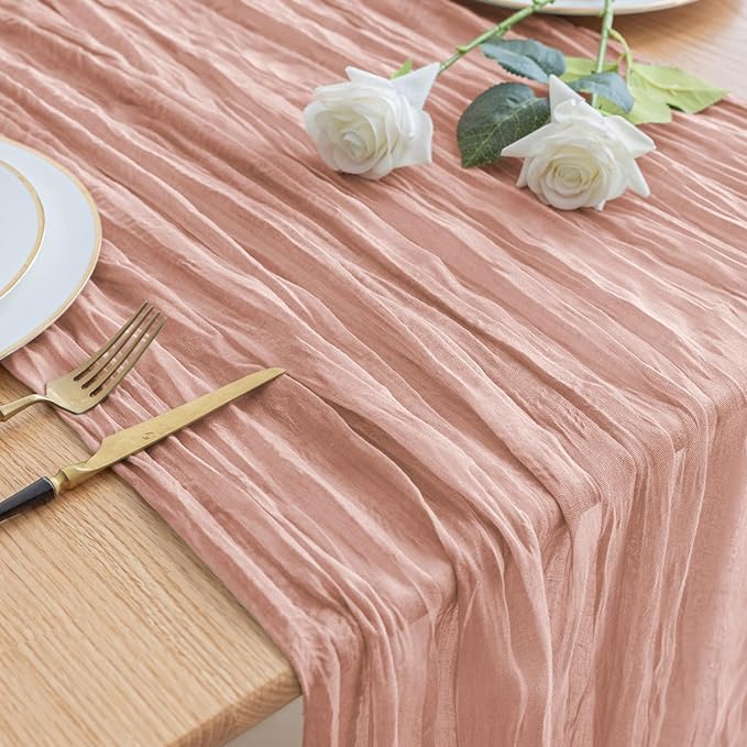 Asee'm Cheesecloth Table Runner 120 Inches Dusty Pink Boho Gauze Cheese Cloth Runner 10FT Rustic Sheer Fall Table Runners for Thanksgiving Wedding Baby Shower Holiday Party Decoration