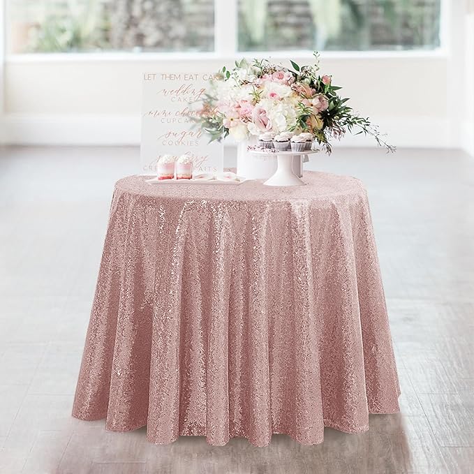 OQSQ Rose Gold Round Sequin Tablecloth, Glitter Tablecloth for Bridal Shower Decorations, Birthday, Wedding, Dessert, Banquet（50X50 inch Round,Rose Gold）