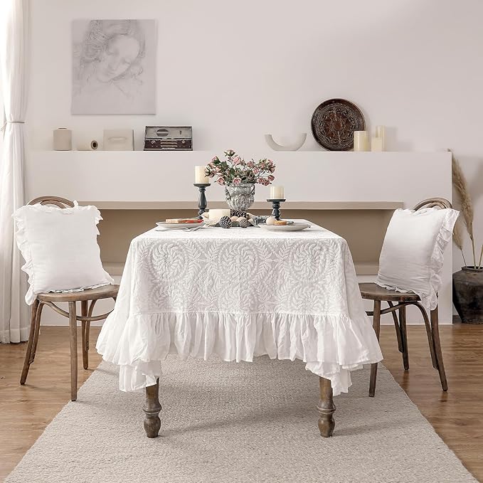 patdrea Vintage Ruffle Tablecloth for Square Tables,Farmhouse Embroidered Cotton White Lace Table Cloth Cover Decor for Dining Room Wedding Banquet Thanksgiving Christmas,67"*67"