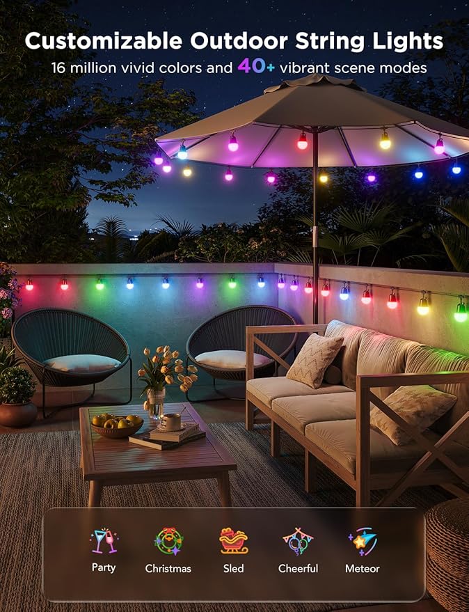 String Lights, Outdoor 144ft Smart LED with Music Sync and App Control