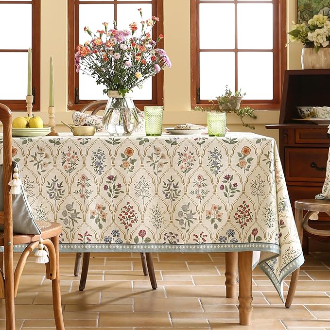 Square Linen Blend Tablecloth, 67 x 67 Inch, Serenity Floral Print
