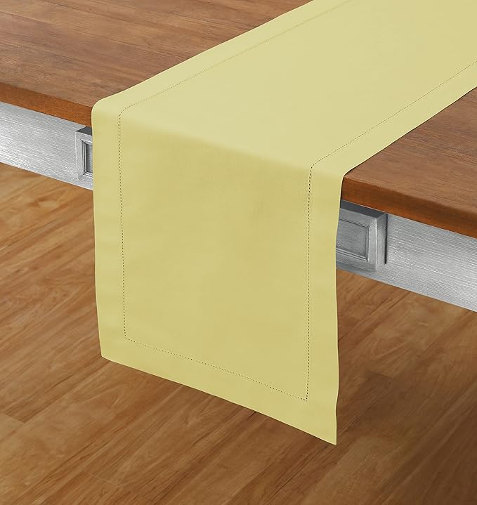 Solino Home Yellow Table Runner 90 Inches Long - Cotton Linen Hemstitch 14 x 90 Inch Table Runner for Dining