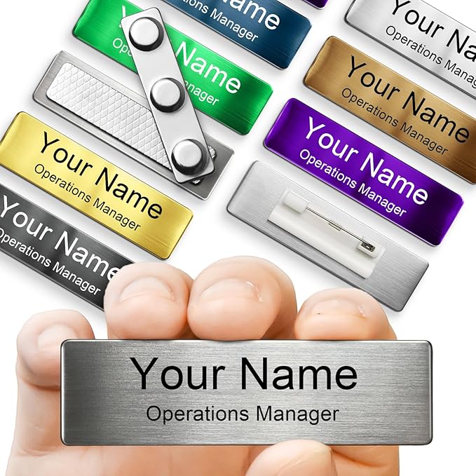 Engraved Personalized Name Tags with Magnet Clip or Pin - Stainless Steel Metal Custom Magnetic Name ID Badge Tag for School Teacher, Kids, Business Work Lable Sign Employee Name Plate (Pin)