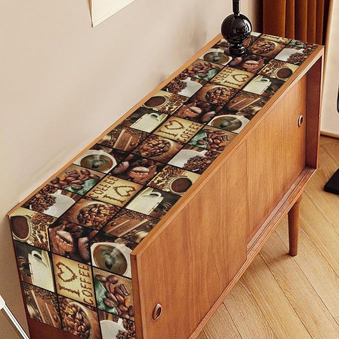 Coffee Theme Table Runner, Retro Farmhouse Coffee Cup Latte Cappuccino Tea Party Cafe Table Center Decor for Home Kitchen Dining Patio Holiday Party Indoor Outdoor Table Decorations,13"x72" Inch