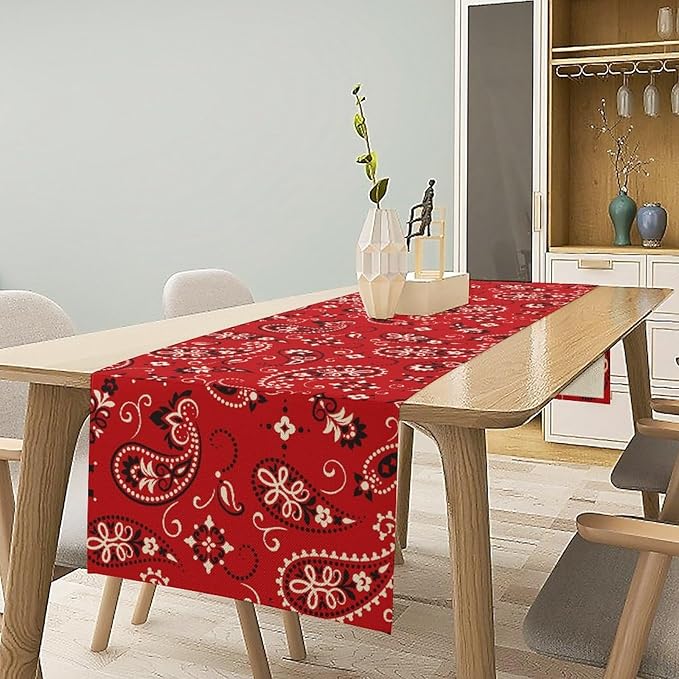 Paisley Table Runner, Boho Vintage Western Red Paisley Flower Print Table Runner for Kitchen Dining Table Wedding Holiday Party Decor, 13x120inch