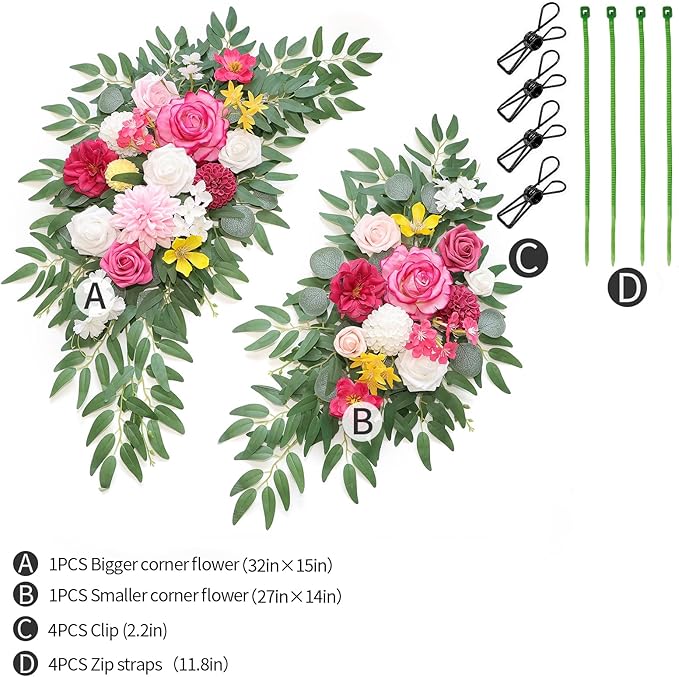Artificial Flower Swags Bright Pink Silk Rose Arch Kit 2 Pack