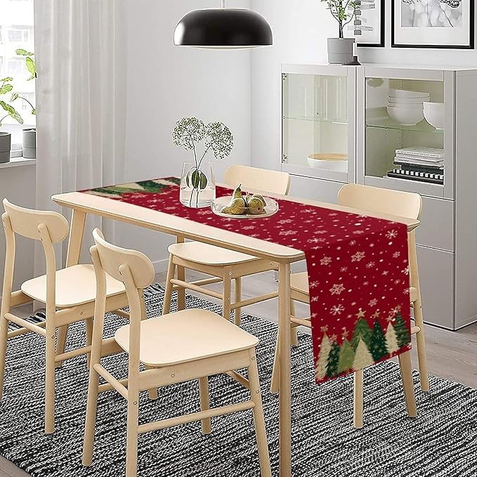 Merry Christmas Table Runner,Red Christmas Tree Snowflake Winter Seasonal Table Cloth Kitchen Dining Table Decoration for Home Party Decor 13x120 Inch