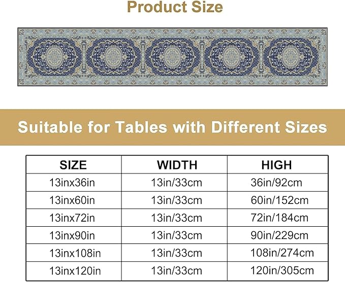 Boho Bohemia Style Blue Teal Table Runner, Country Rustic Farmhouse Magical Abstract Print Pattern for Home Kitchen Table Decor Dining Coffee Room Garden Party Decor 13x90in
