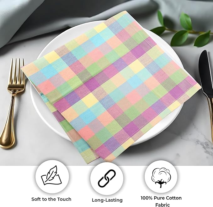Cloth Napkins Set of 12, Square 100% Cotton, Easter Checks
