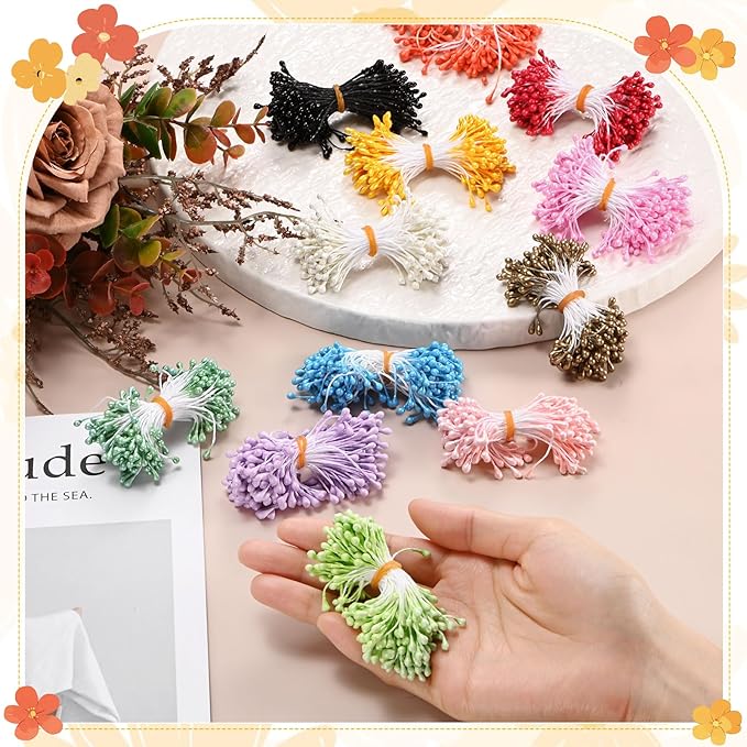 600-Pack Flower Stamens for Crafts, 5mm Double Heads Artificial Pearl Floral Pistil Mini Flower Pollens Stamens for DIY Making/Wedding/Scrapbook Decoration [Rose Red]