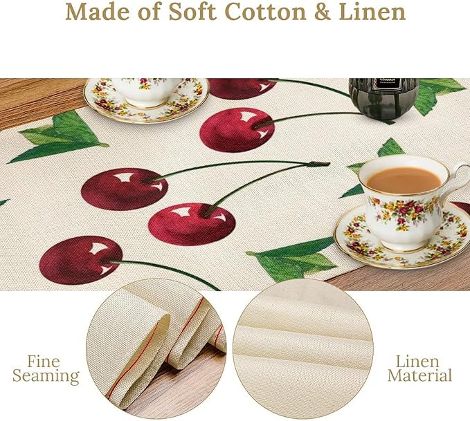 Red Cherry Table Runner Watercolor Tropical Fruit Spring Summer Wild Berry Dinner Runner for Girl Baby Party Holiday Home Kitchen Dining Table Decor 13x36