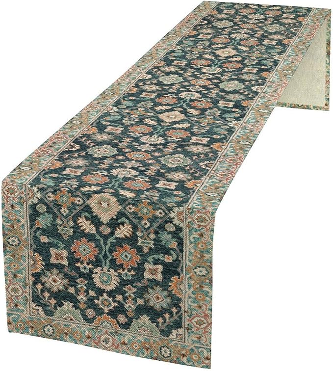 Vintage Boho Floral Table Runner, Rustic Country Farmhouse Blue Teal Red Bohemia Flower Pattern for Home Kitchen Table Decor Dining Coffee Room Party Decor 13x36in