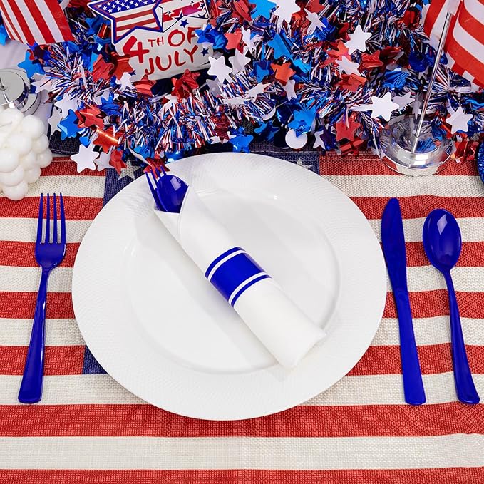 Disposable Blue Plastic Silverware Set with Napkins, 100 Pack