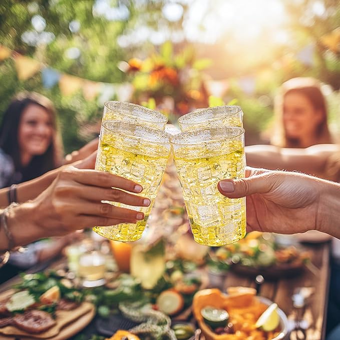 Disposable Cups, 12 oz Gold Glitter Plastic Party Tableware