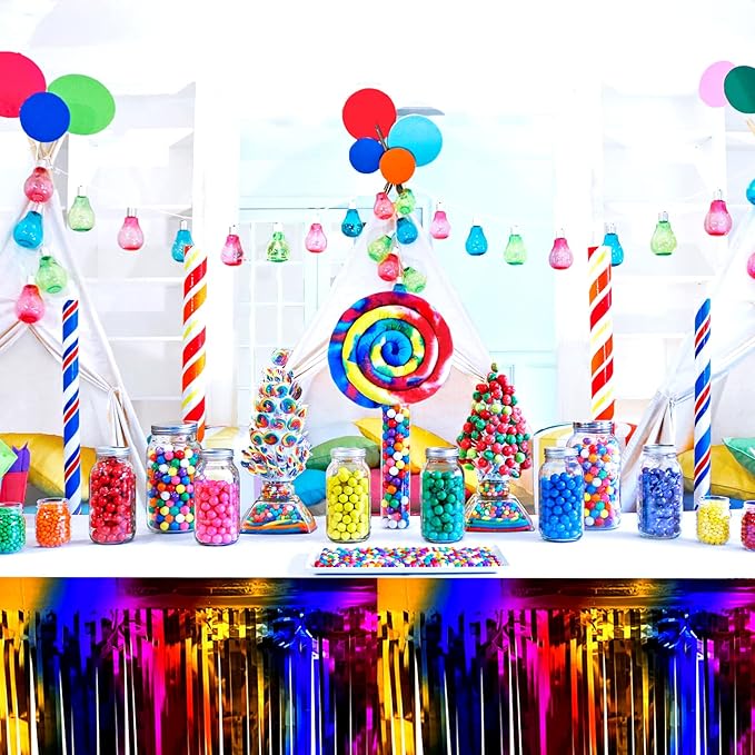 4 Pack 29x108 Inch Metallic Foil Fringe Tinsel Table Skirts for Rectangle Tables Streamer Backdrop for Wedding, Birthday, Parade Floats, Christmas, Halloween Party Decoration(Rainbow)
