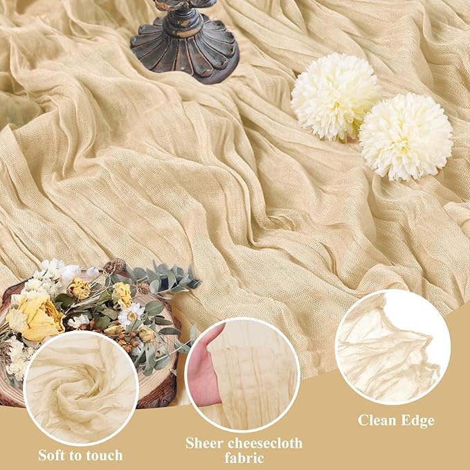 Asee'm 3pcs Cheesecloth Table Runner 120 Inches Long Sand Boho Gauze Cheese Cloth Runner 10FT Rustic Sheer Table Runners for Christmas Wedding Party Baby Shower Spring Easter Decoration