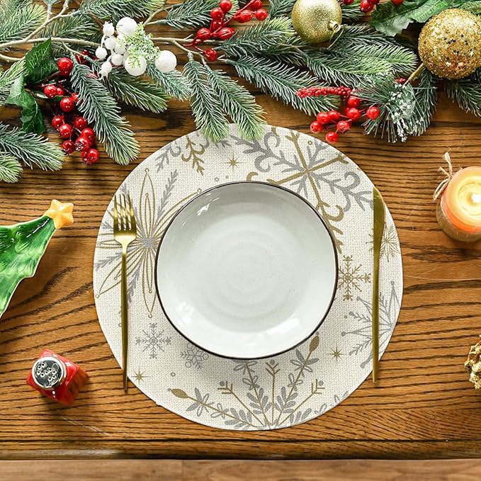 Artoid Mode Beige Snowflake Let It Snow Winter Placemats Set of 8, 14 Inch Seasonal Christmas Xmas Round Table Mats for Dining Decoration