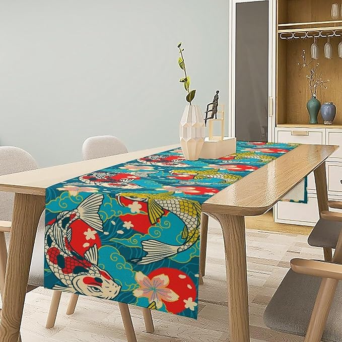 Japanese Kio Fish Table Runner Oriental Tradition Cherry Art Printed Burlap Runner Home Kitchen Dining Table Living Room Decor Fabric 1 Panel W13xL108in