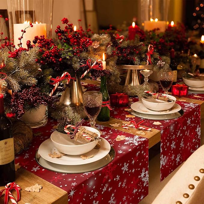 Christmas Snowflakes Cotton Linen Table Runner for Dining Kitchen, Red Xmas Winter Snow Wedding Outdoor Party Tablerunners Decoration, New Year Dresser Scarf Coffee Tablecloth Runners 13x90 Inches