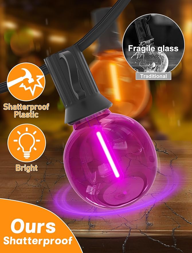 Outdoor String Lights 25 FT G40 LED Orange and Purple Globe Bulbs