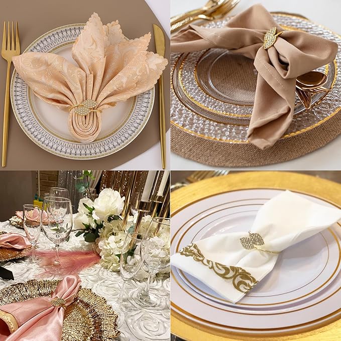 Napkin Rings Set of 100 Gold Metal Rhinestone Double Leaf Design