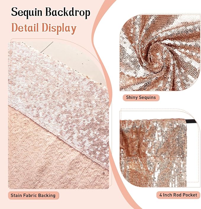 SquarePie Sequin Backdrop Curtain Not See Through Thick Background for Party 5FT x 7FT Rose Gold