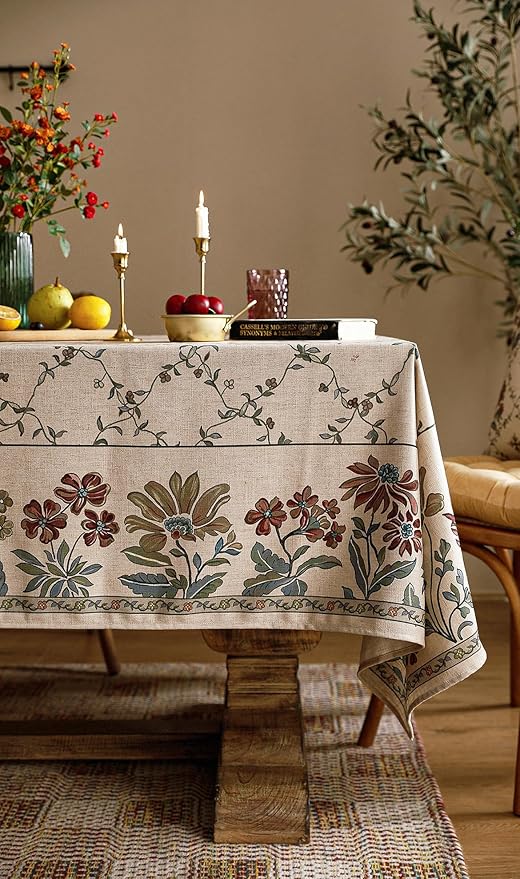 patdrea Designer Linen French Long Tablecloth for Rectangle Table,Fall Country Breathable Floral Tablecloths,Table Cover for Kitchen Dining,Tea Party,Christmas,Thanksgiving,63"x94"-Oliveirad