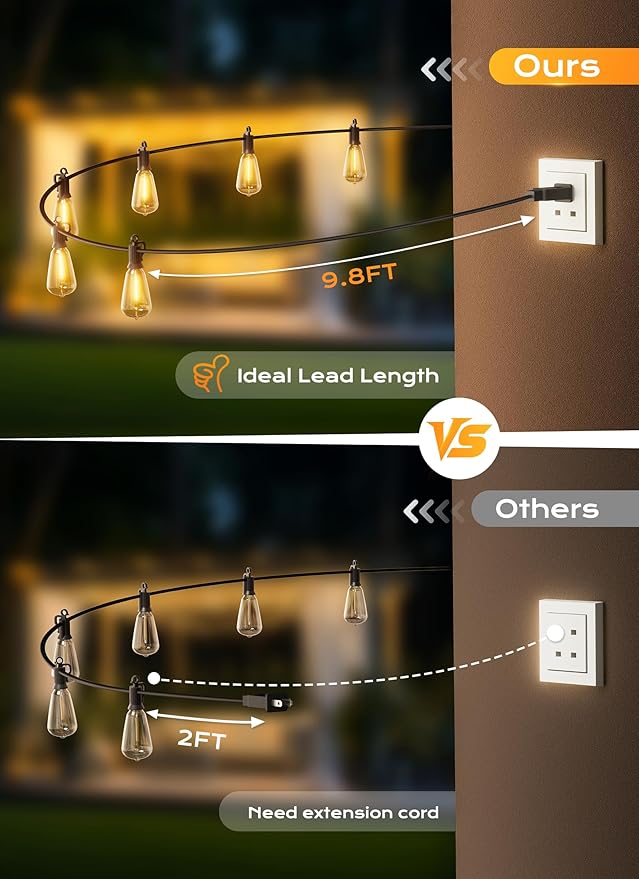 String Lights, 200 FT Black Shatterproof ST38 Edison Bulbs