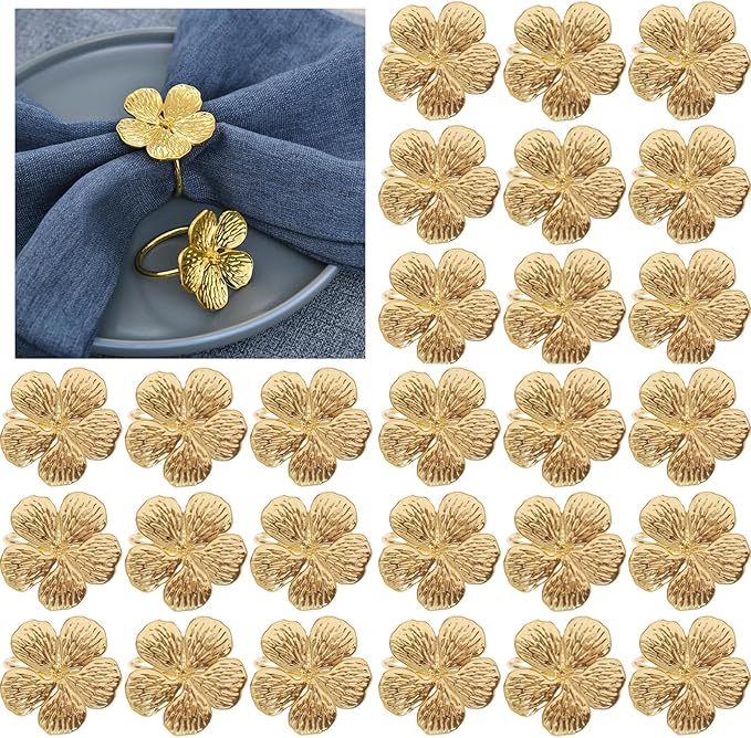 Napkin Rings, Gold Metal Floral Set of 50 for Table Decor