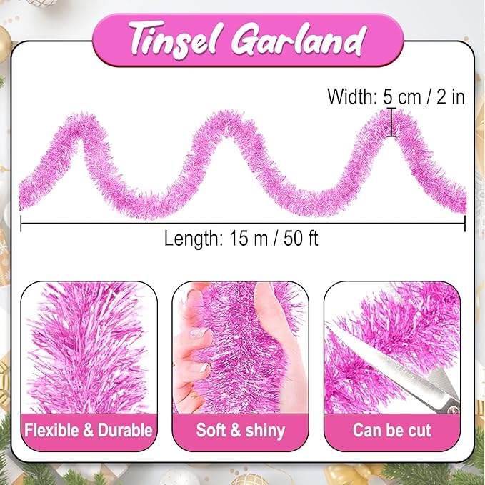 50 Feet Macaron Pink Christmas Tinsel Garland, Metallic Foil Twist Banner Wall Hanging Tinsel Streamers Backdrop for Parade Floats, Christmas, Mother's Day, Birthday Party Decorations(2in x 50ft)