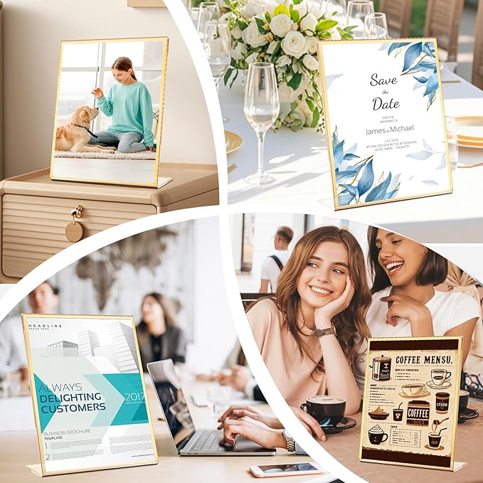 Acrylic Gold Frames 8 x10, Slanted Back Gold Picture Frames Table Acrylic Sign Holder for Photos Wedding Table Numbers and Art Display with Removable Clear Sticky Dots,3 Pack