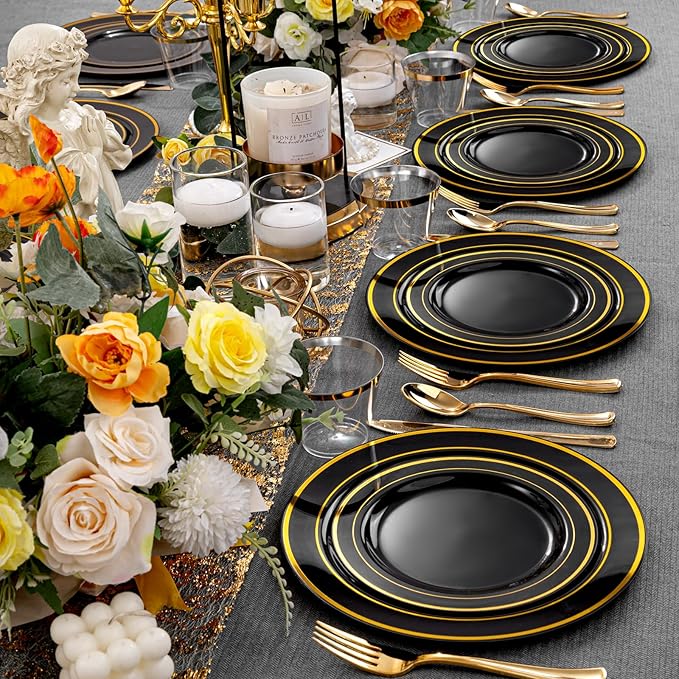 Plates for 25 Guests, Black Plastic with Gold Trim