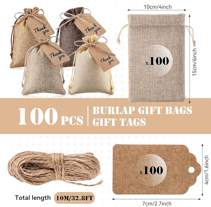 Gift Bags, 100 Burlap Drawstring Favor Bags with Kraft Tags and Hemp Rope