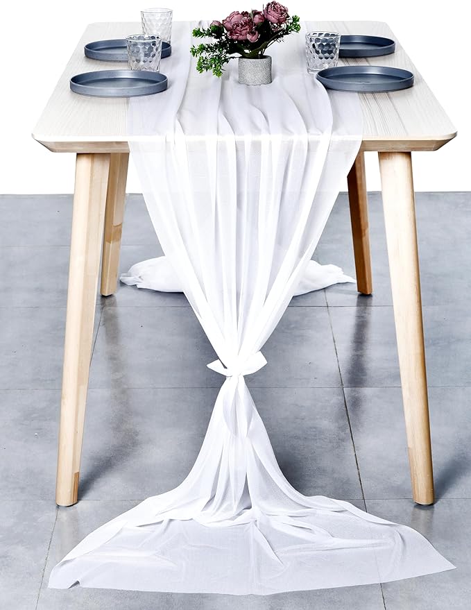 MDS 20 Pack 10ft Chiffon Table Runner 29 x 120 Inches Sheer Wedding Runner Romantic Rustic Table Runner for Wedding Decorations, Birthday Parties, Bridal Shower Party Arch Decor - White