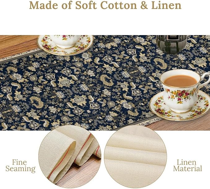Vintage Boho Floral Table Runner, Morris Rustic Country Farmhouse Dark Blue Grey Retro Flower Pattern for Home Kitchen Table Decor Dining Coffee Room Party Decor 13x72in