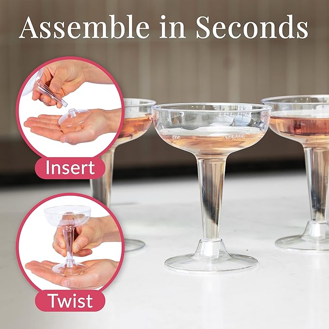 Prestee 24 Clear Plastic Coupe Glasses 4oz - Disposable Plastic Cocktail Cups, Martini Glasses, Margarita Glass, Champagne Glass for Parties, Cinco de Mayo, Taco Party, Weddings Decorations