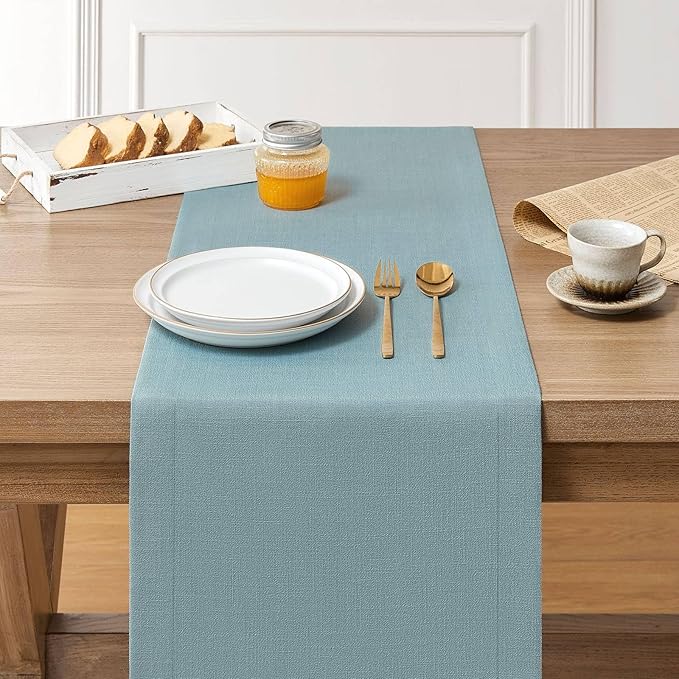 ZeeMart Linen Textured Border Table Runner, 14 x 36 Inch Blue, Farmhouse Style Dusty Blue Table Runners 36 Inches Long, Easy Care Everyday Polyester Table Runner