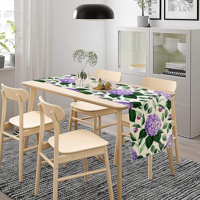 Spring Hydrangea Flower Table Runner, Seasonal Summer Plants Eucalyptus Leaves Purple Florals Dinner Runner for Home Kitchen Dining Table Party Holiday Decoration 13"x70"