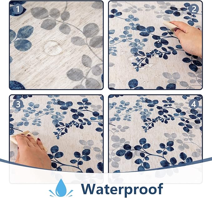 MYSKY HOME Floral Print Rectangle Tablecloth Waterproof Rectangular Table Cloth Linen Farmhouse Tablecloths for Kitchen Dining Spring Leaves Tablecloth for 4 Feet Table，60 x 84 Inches, Blue