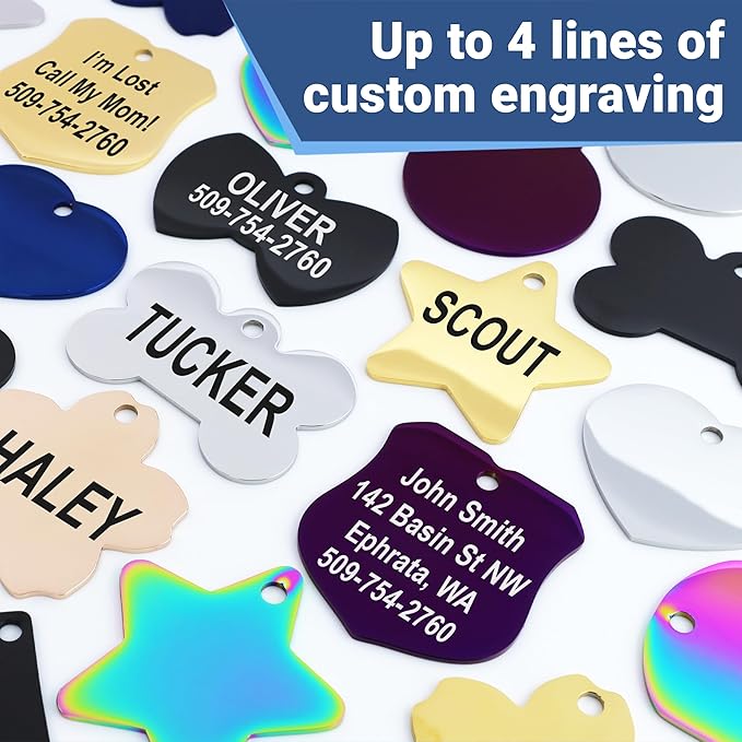 GoTags Stainless Steel Pet ID Tags, Personalized Dog Tags and Cat Tags, up to 8 Lines of Custom Text, Engraved on Both Sides, in Bone, Round, Heart, Bowtie and More (Star, Small (Pack of 1))