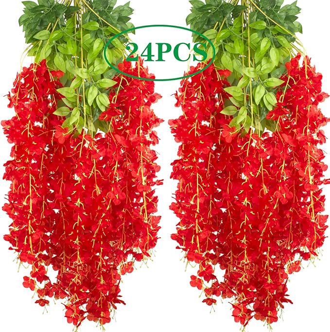 24 Pack Artificial Fake Wisteria Vine Ratta (3.75 Feet) Hanging Garland Silk Flowers String Home Party Wedding Decor (Red)
